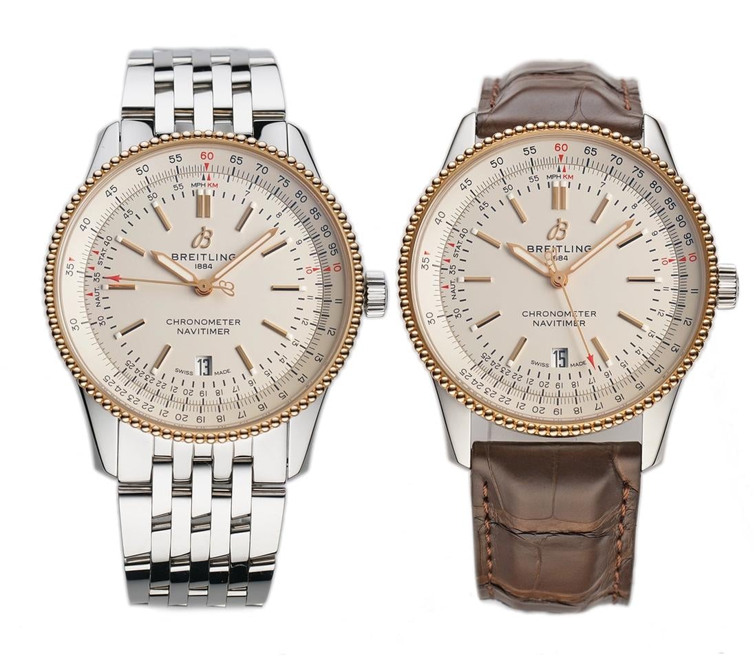 Breitling Navitimer steel bracelet and leather strap watches side by side