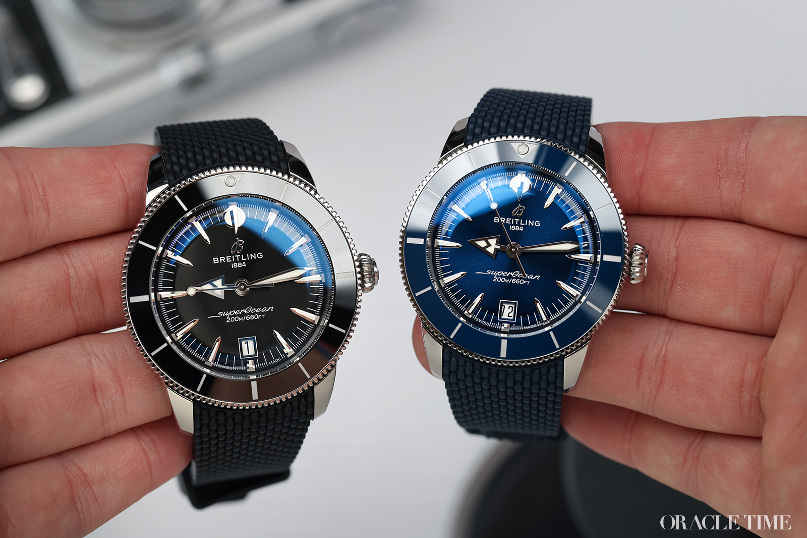 Breitling Superocean Heritage blue dial and black dial watches side by side