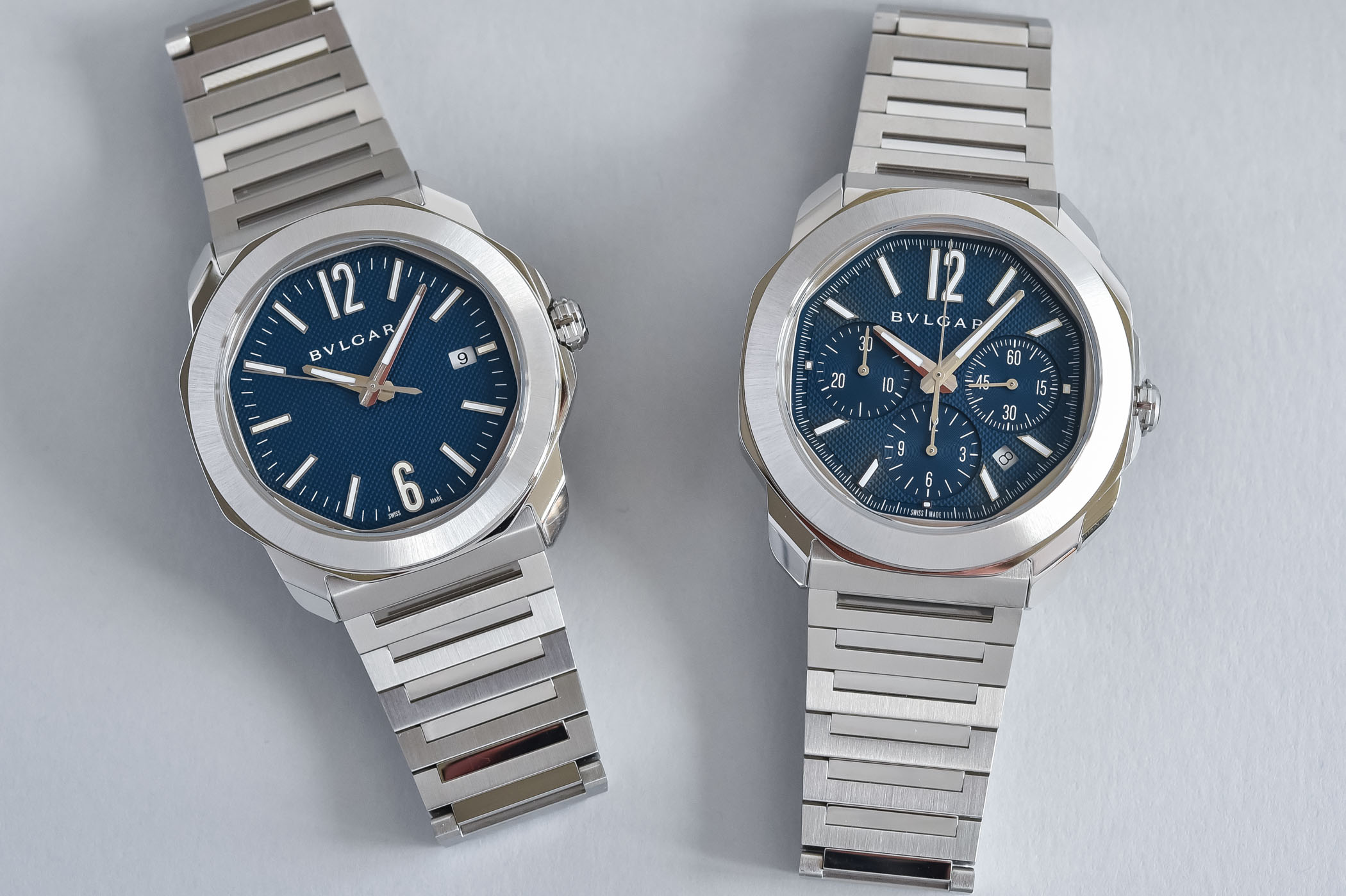 Bvlgari Octo automatic and chronograph watches side by side