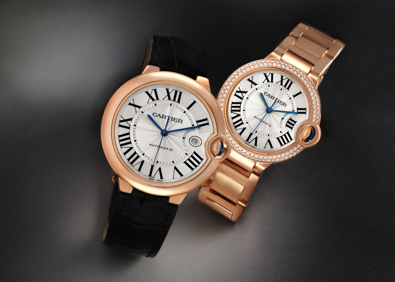 Cartier Ballon Bleu leather strap and bracelet watches side by side