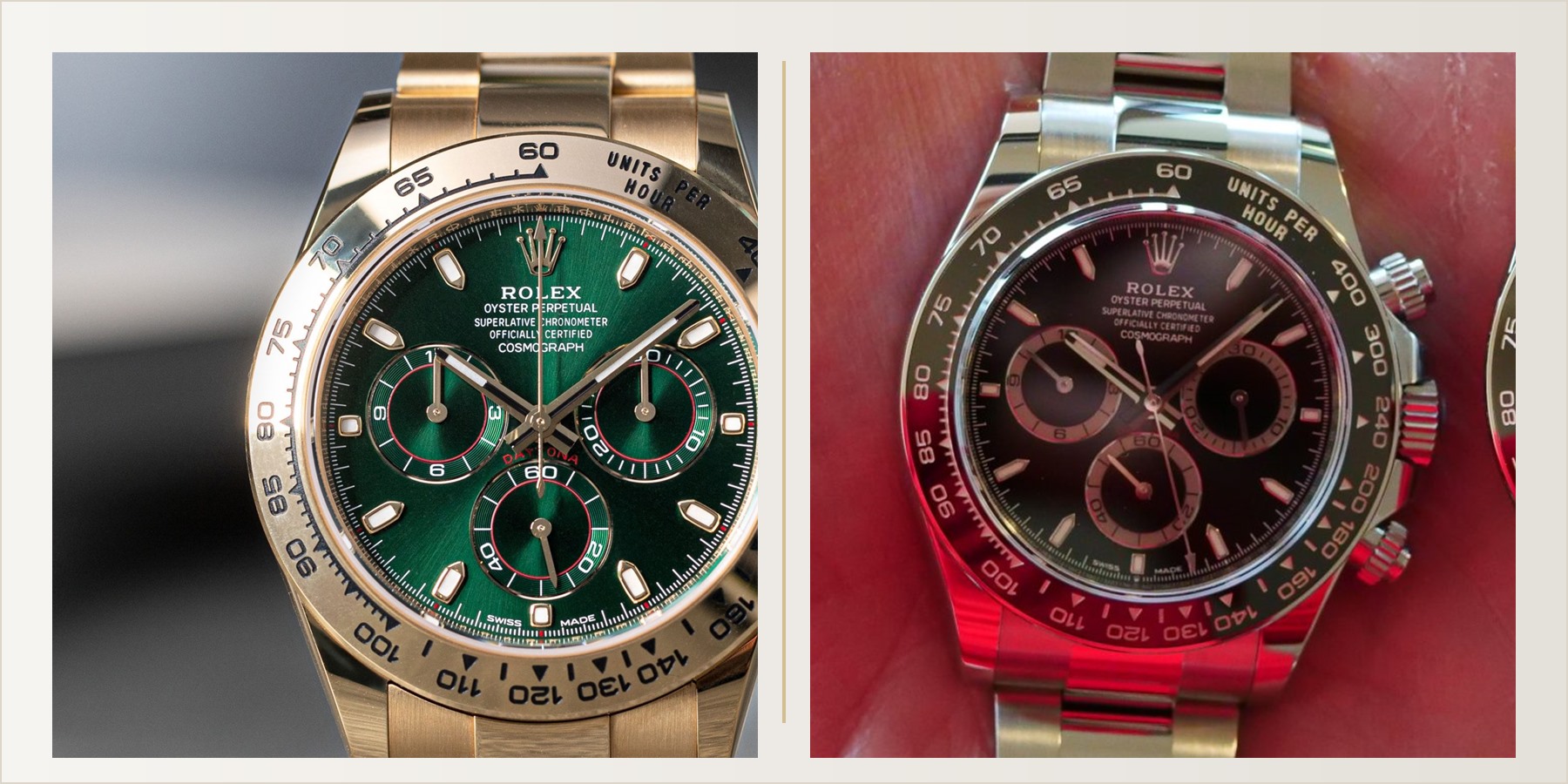 Daytona green dial vs black dial replica comparison editorial reference