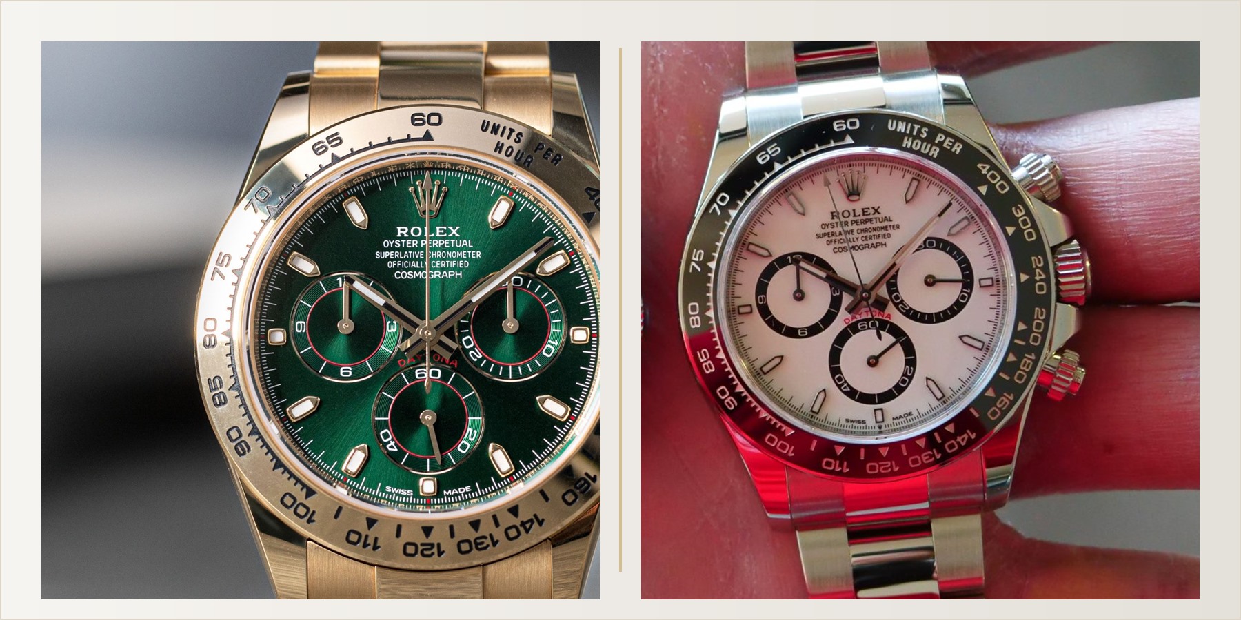 Daytona green dial vs Panda dial replica comparison editorial reference