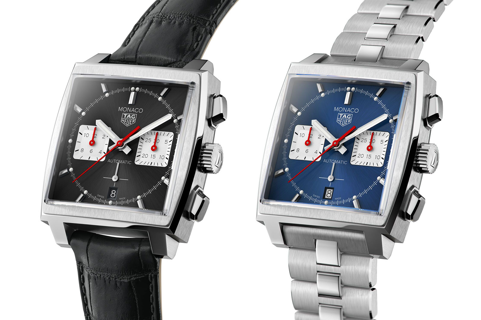 TAG Heuer Monaco leather strap and steel bracelet watches side by side